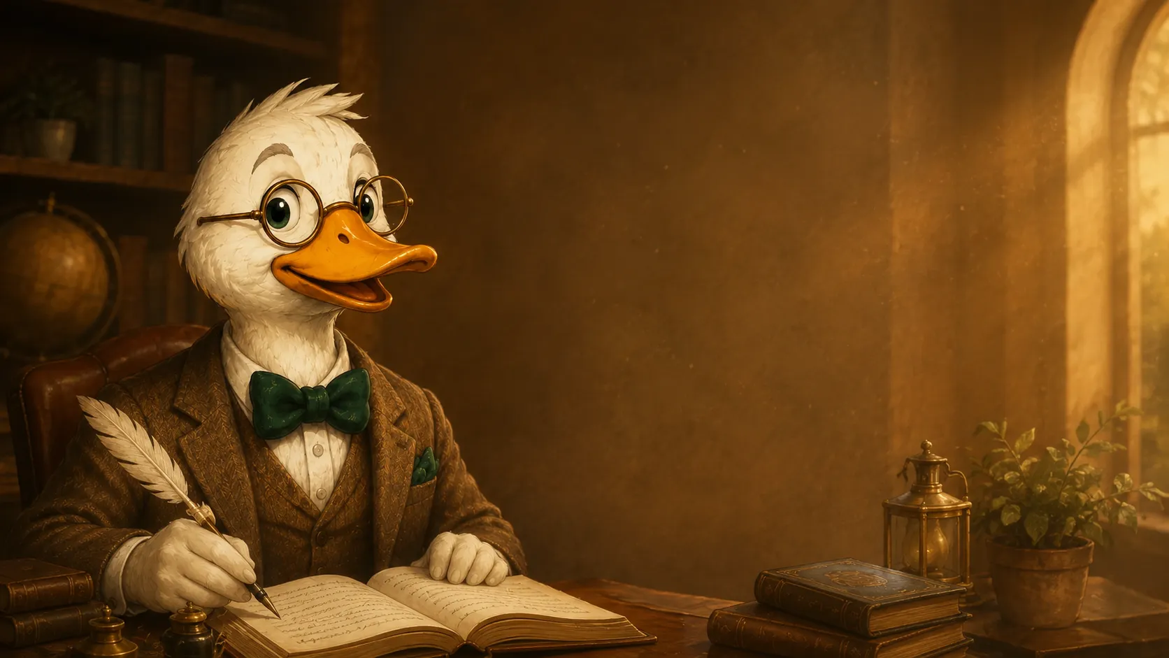 Father Goose in a warm scholarly storybook setting